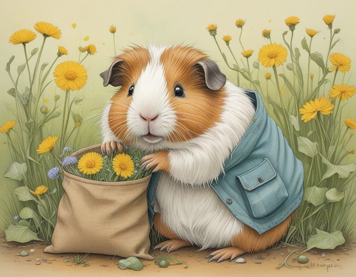 Whimsical Guinea Pig Harvests Dandelions in Colorful Cartoon...