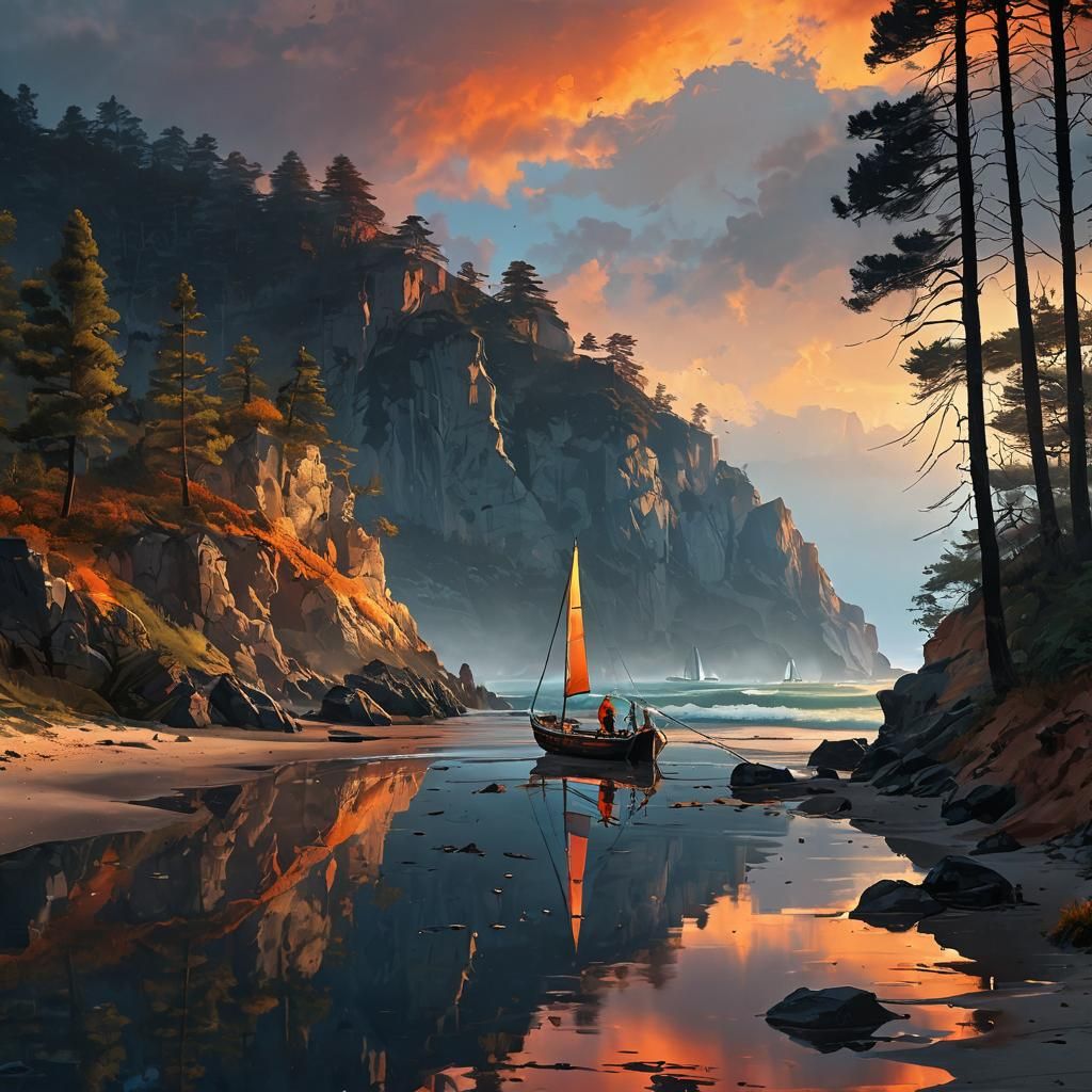 Coastal Sunset After Rain with Fisherman