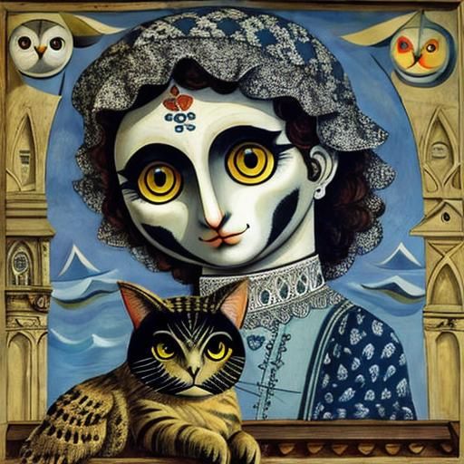 Cats and Owl at Sea: Whimsical Art