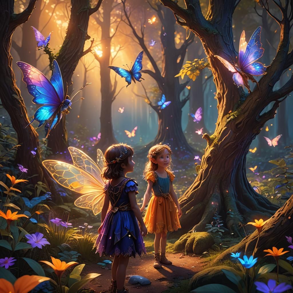 Child Befriends Fairy in Whimsical Forest