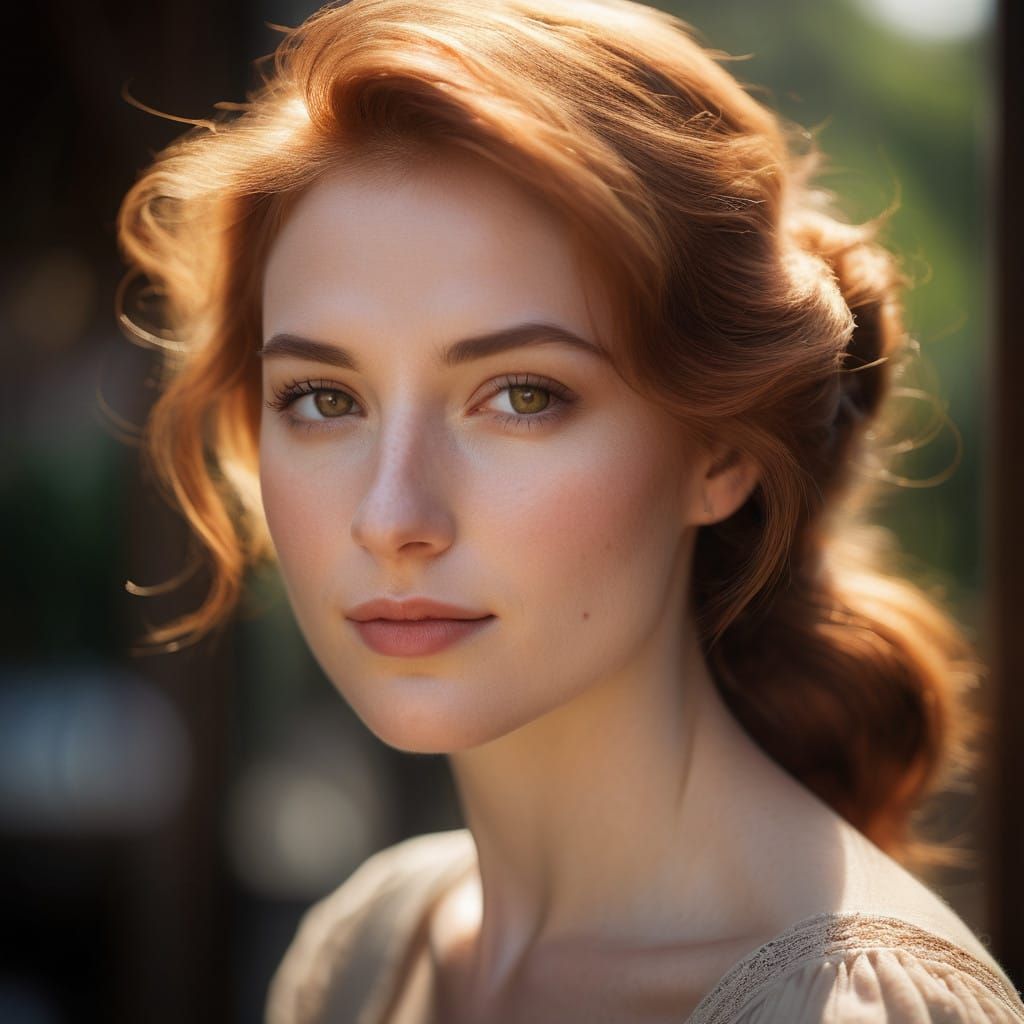 Radiant Copper-Haired Woman Illuminated by Soft Golden Light
