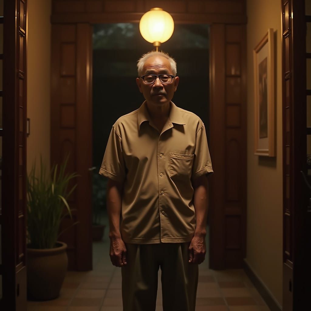 Solemn Chinese Gentleman in Earthy Casual Attire at Night