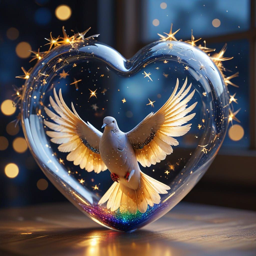 Golden Dove in Glass Heart with Rainbow Stars