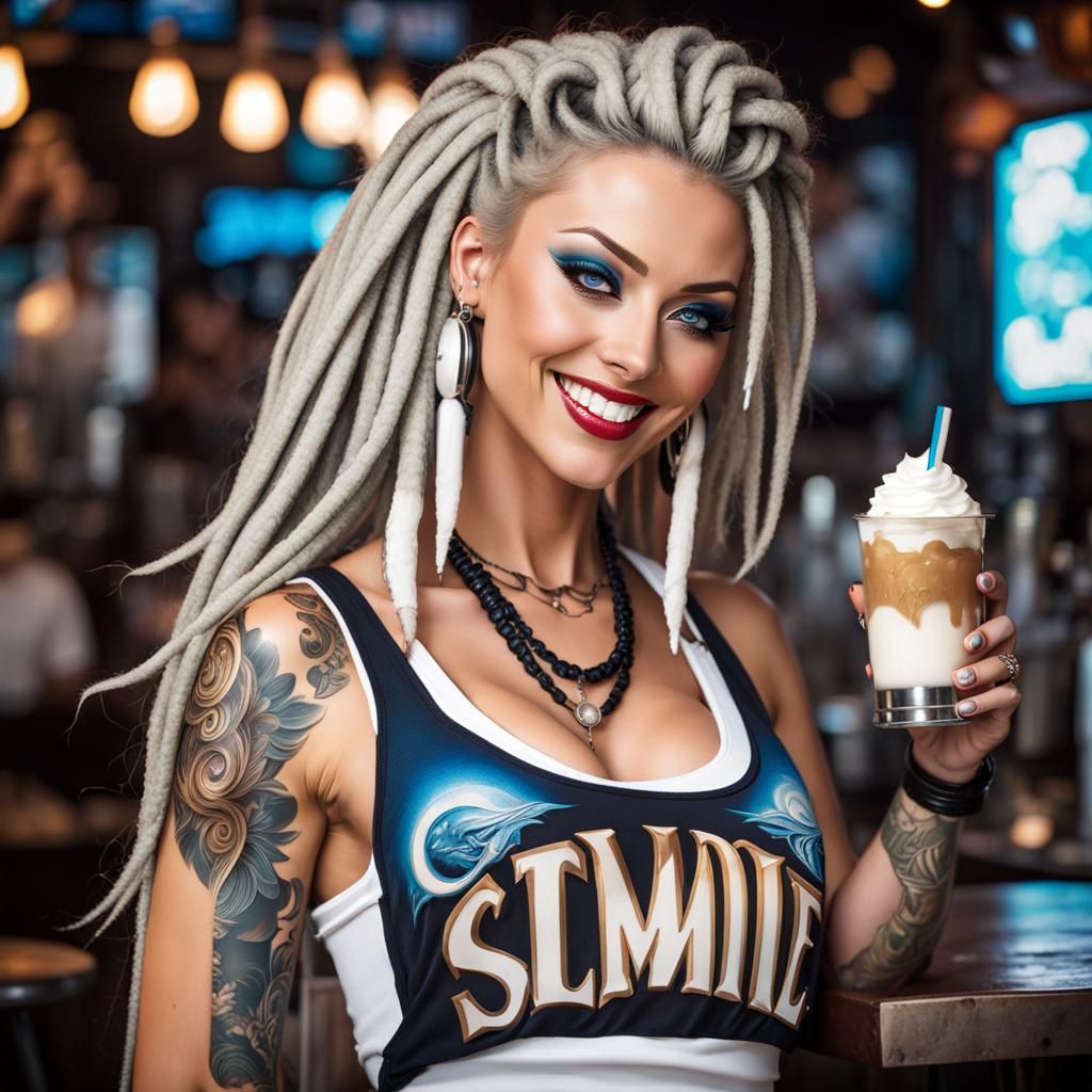 Fantasy Waitress with Blue Dreadlocks Serving Milkshakes