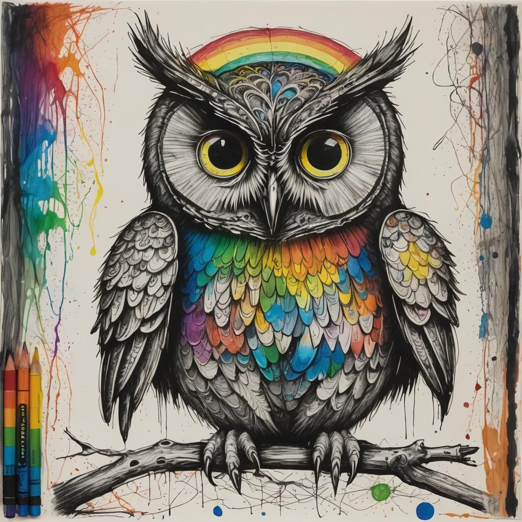 Surreal Crayon Owl with Rainbow Fairy