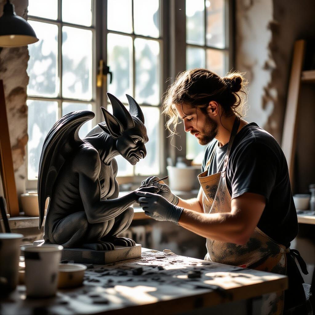 Lonely artist finishes his gargoyle sculpture