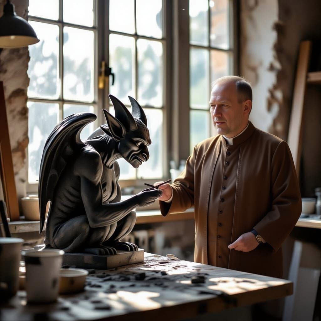 The client inspects the sculpture