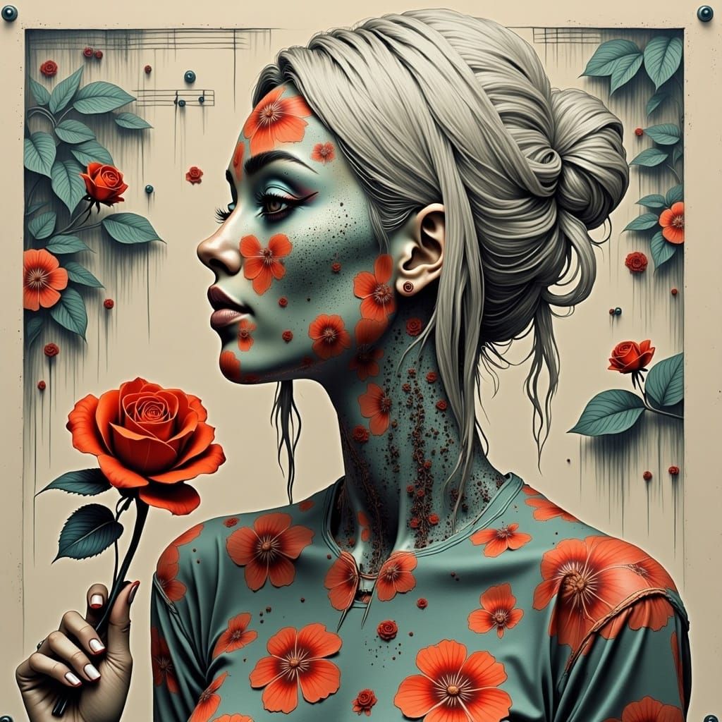 Cyborg Woman with Rose in Giger Style