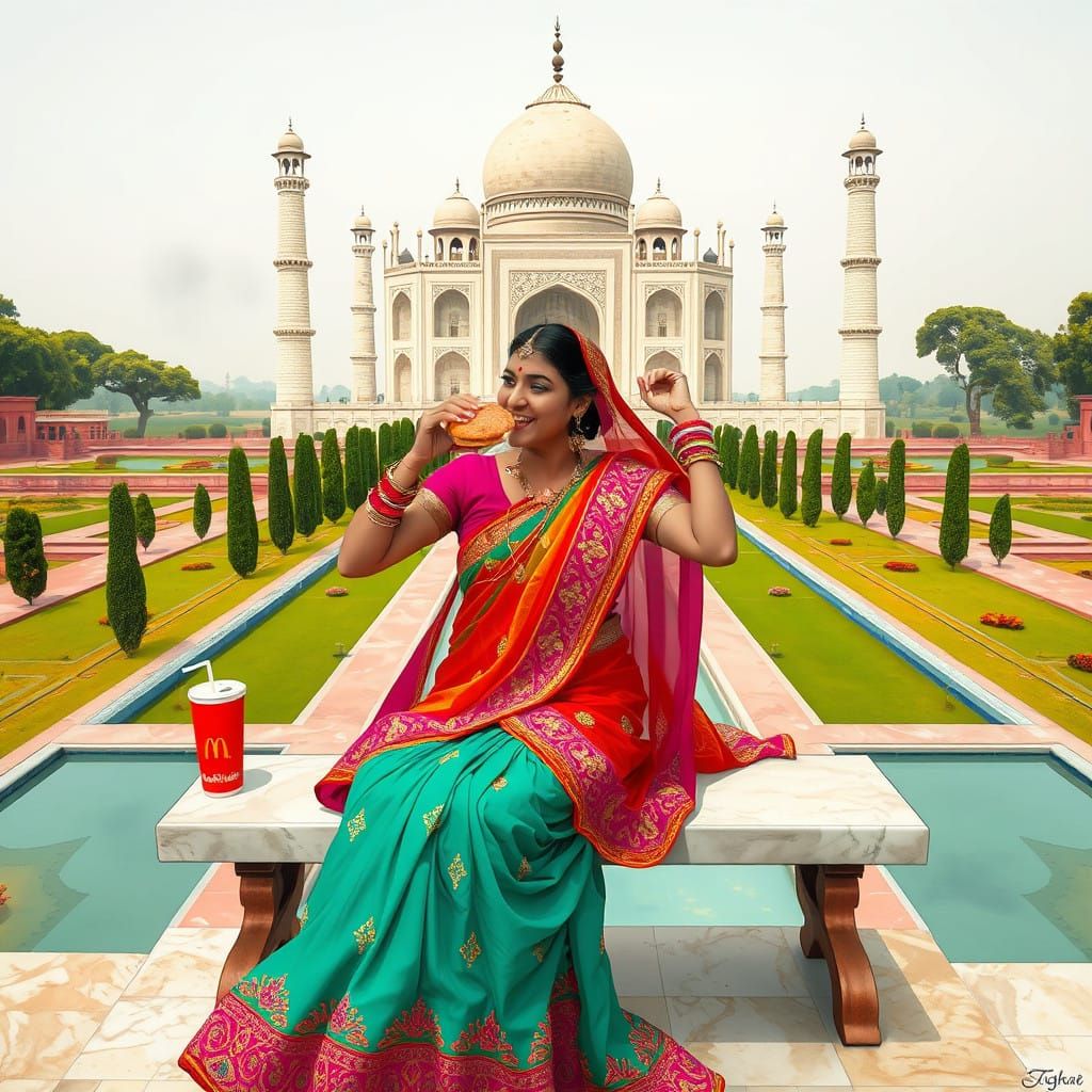 Vibrant Indian Woman in Traditional Dress Dances in Taj Maha...
