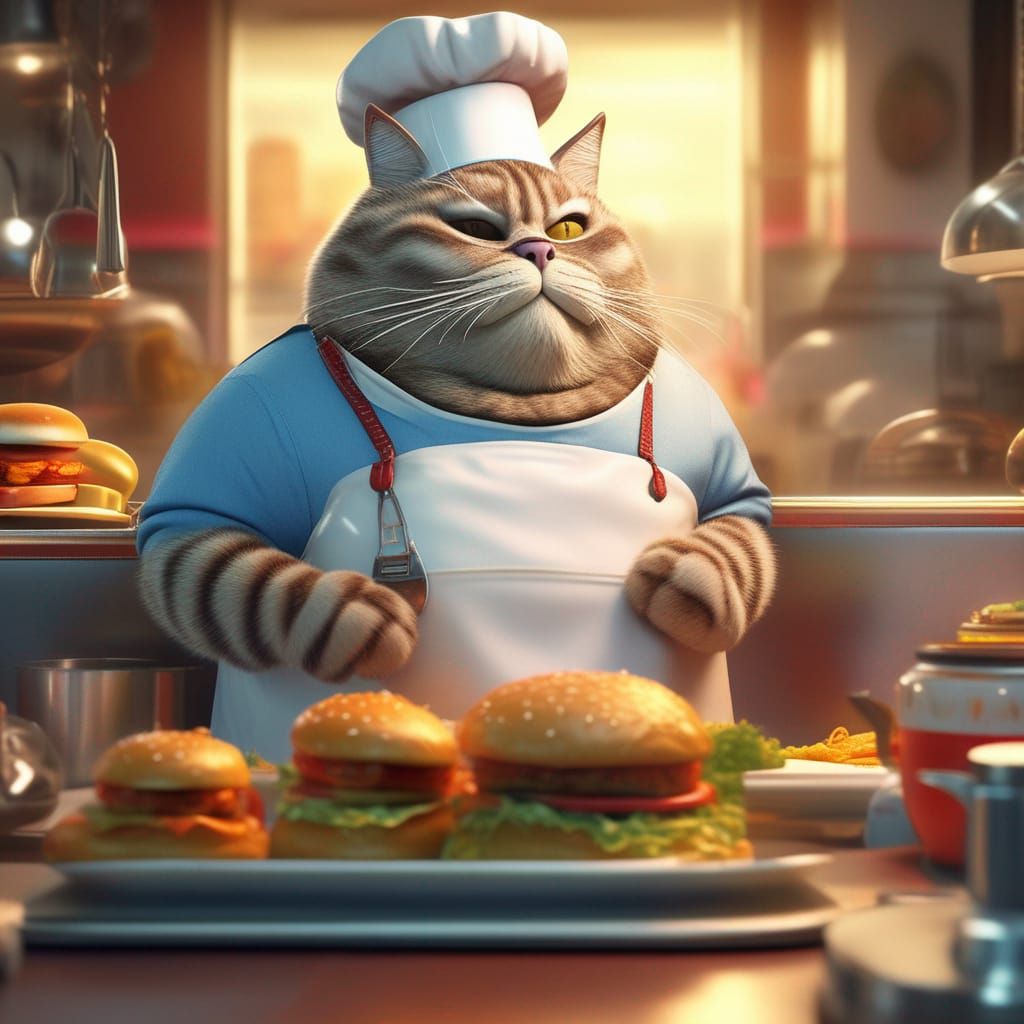Anthropomorphic Cat Cook at Diner in Hyperrealistic Style
