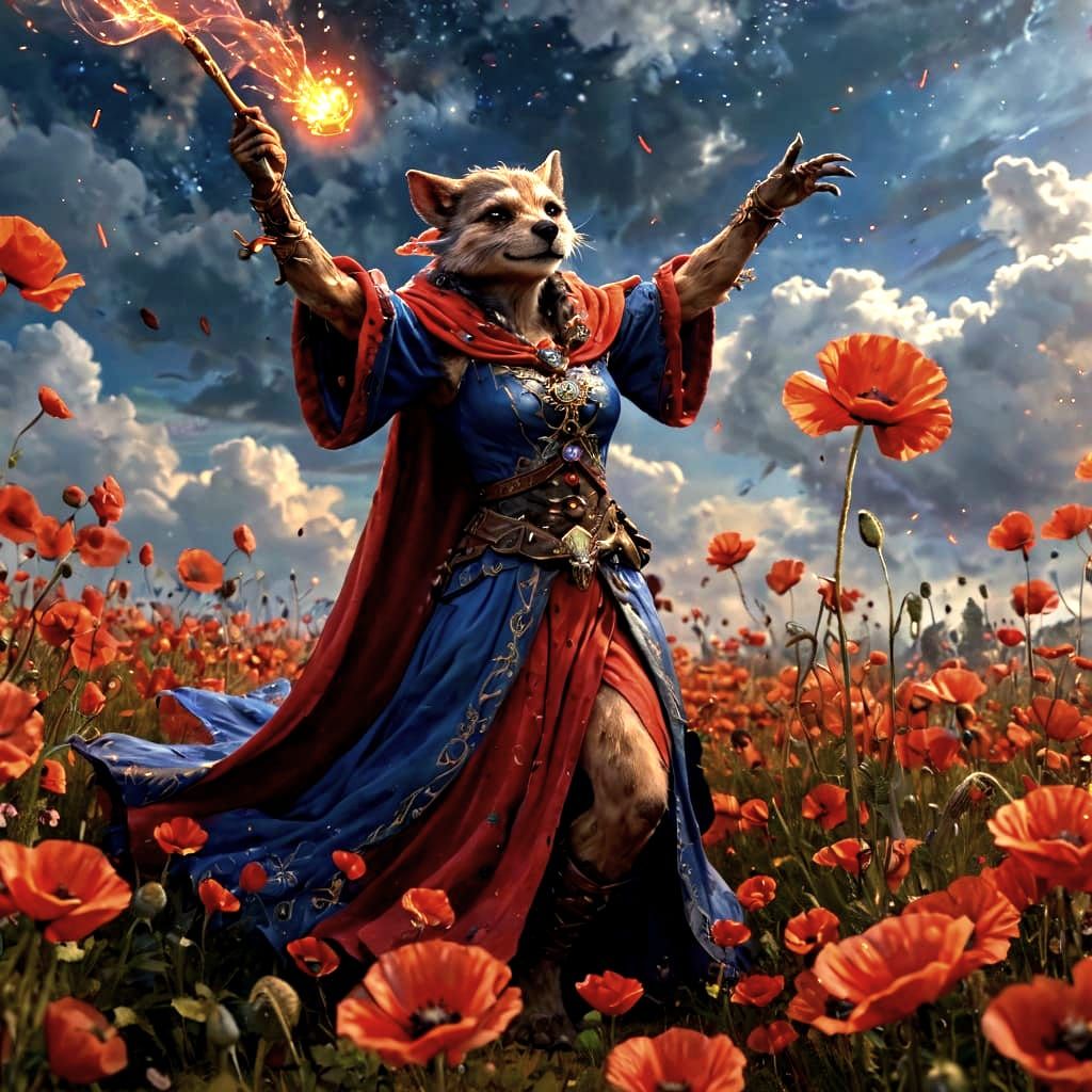 Gnoll Sorceress Casting Spell in Poppy Field