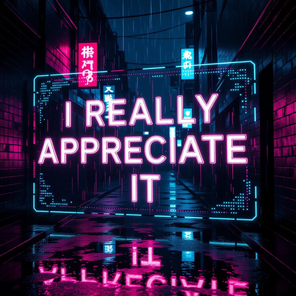 Glowing Neon "I Really Appreciate It" in Cyberpunk Alley
