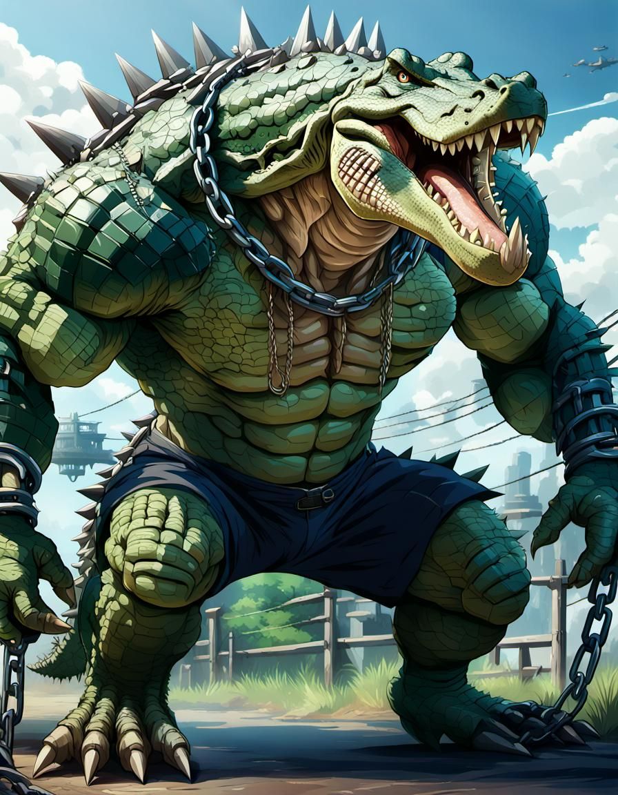 anthropomorphic crocodile man with massive muscular muscle ,8k resolution concept art with chains,spikes and huge claws