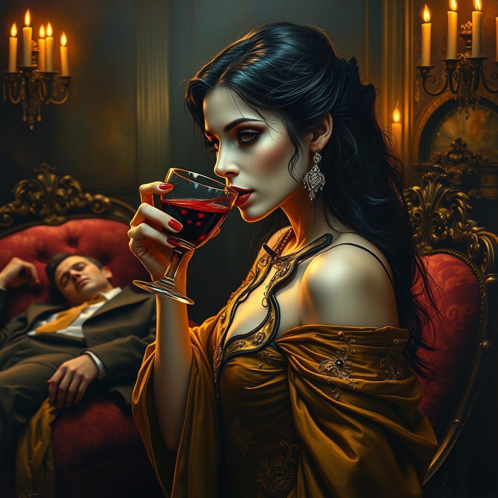 Vampire in Luxurious Gold Embroidered Dress, Sipping Blood, ...