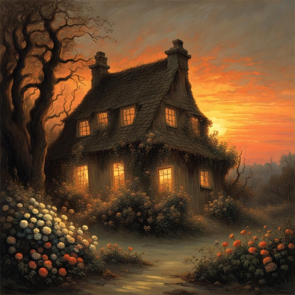 Flower Cottage Sunset: Dark Romanticism