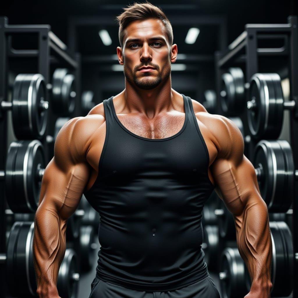 Muscled Gym Hero in Dark Fantasy Realism
