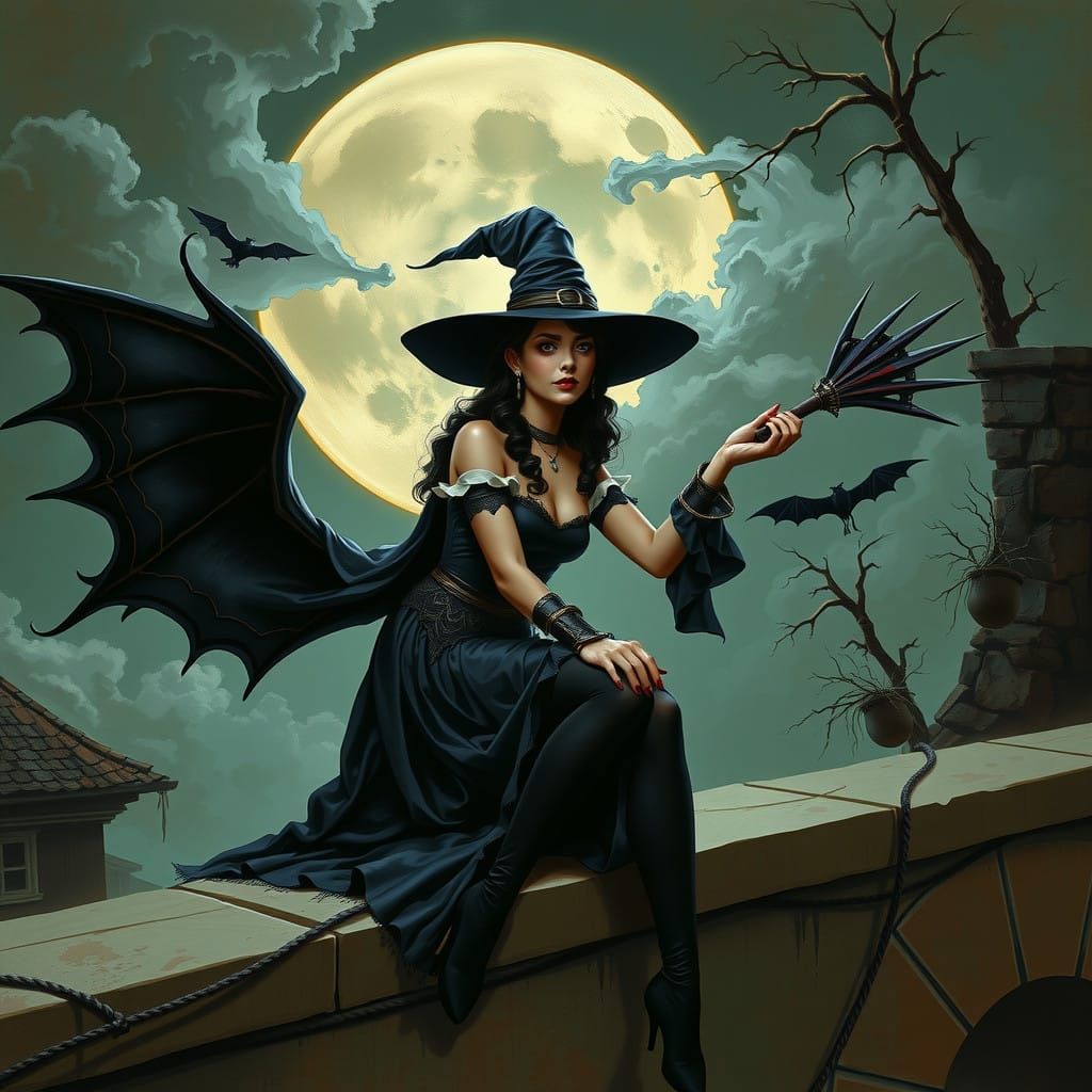 Ethereal Gothic Witch Seated on a Ledge, Inspired by Artgerm...