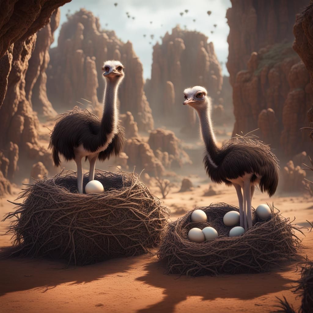 Ostrich Nests and Chicks: Detailed Digital Painting