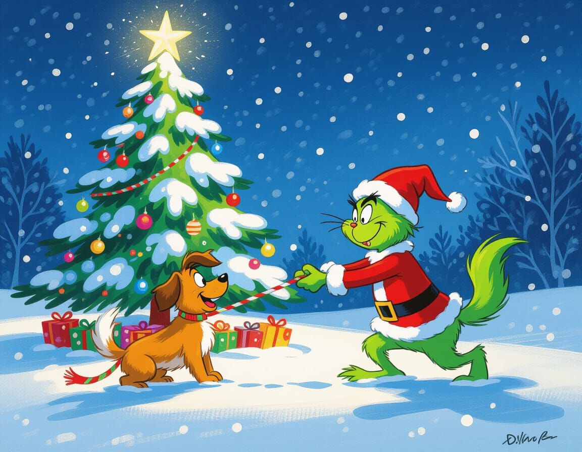 Grinch and Max Play Tug-of-War in Snowy Christmas Scene