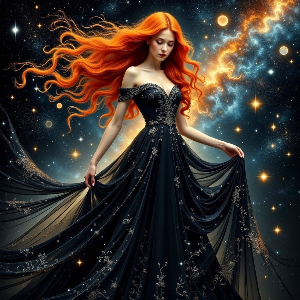 Ethereal Red Headed Woman Dancing Amidst Celestial Bodies