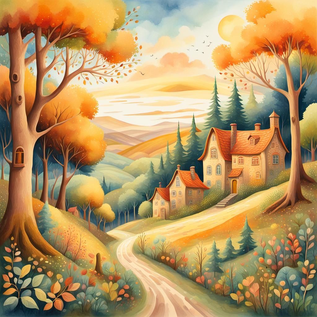 Whimsical Forest Townscape in Naive Watercolor Style