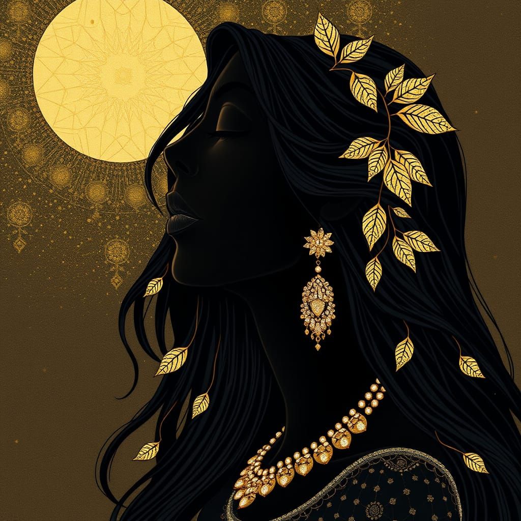 Elegant Black Woman with Golden Adornments, Klimt-Inspired