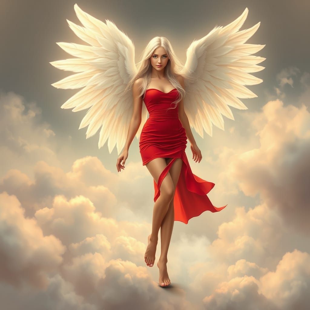 Ethereal Angel Goddess in Red Mini Skirt among Clouds with M...