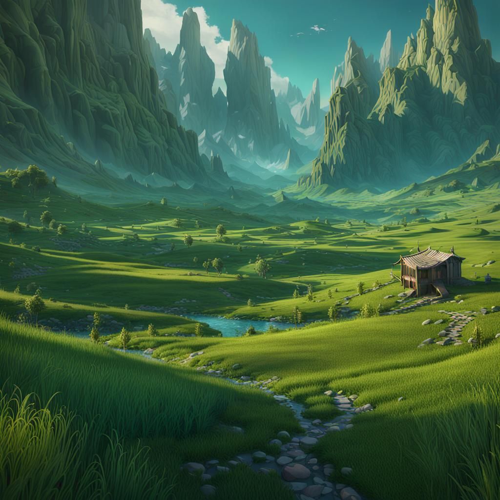 Lush Green Meadows in Detailed Matte Painting