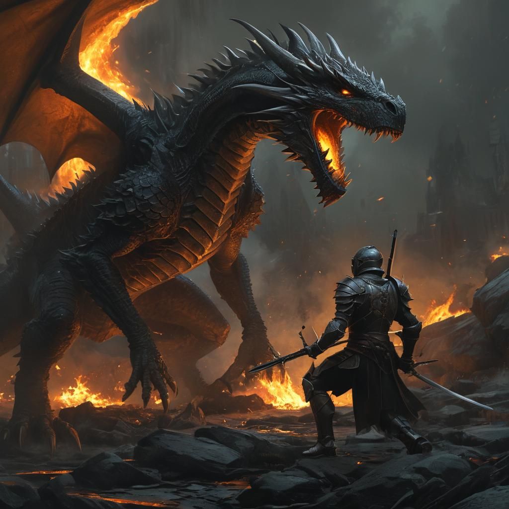 Dragon and Knight Battle in Dark Fantasy Art