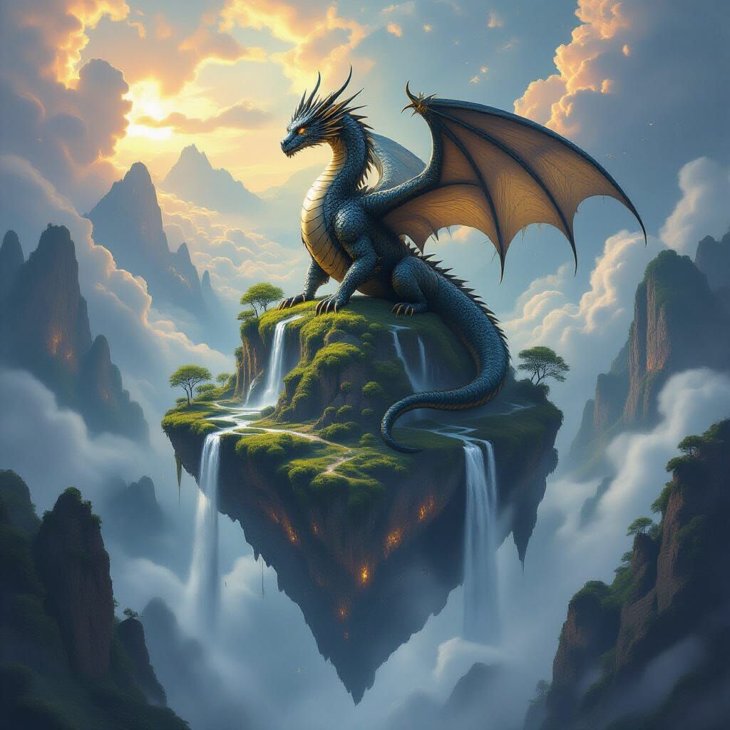 Ancient Obsidian Dragon on Floating Island