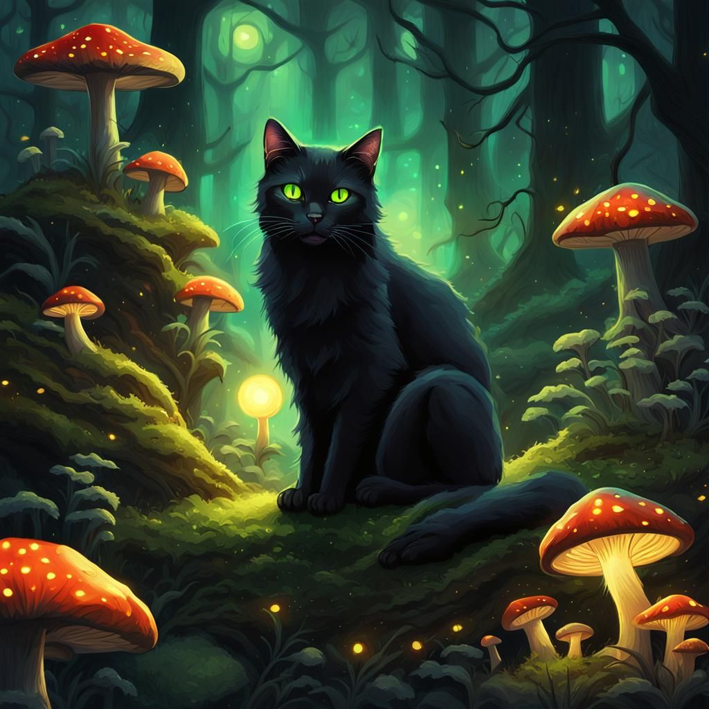 Scary Black Cat in Mystical Glowing Forest