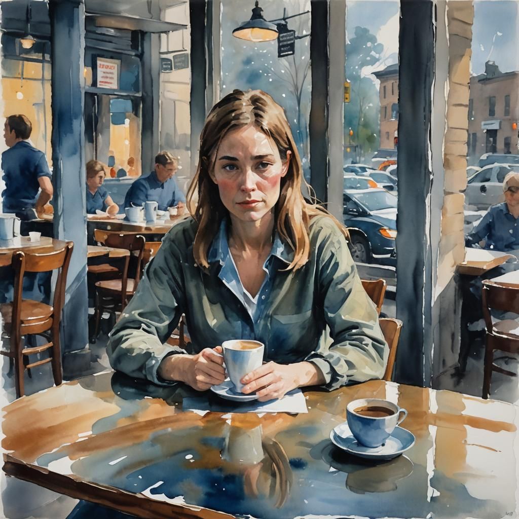 Rainy Day Coffee Shop Girl in Impressionist Gouache