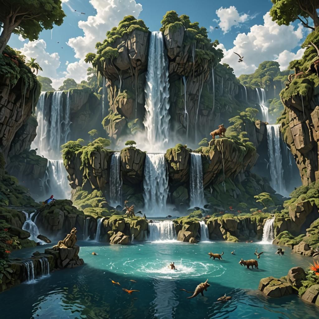 Majestic Waterfall from Floating Island, Ultra Realistic