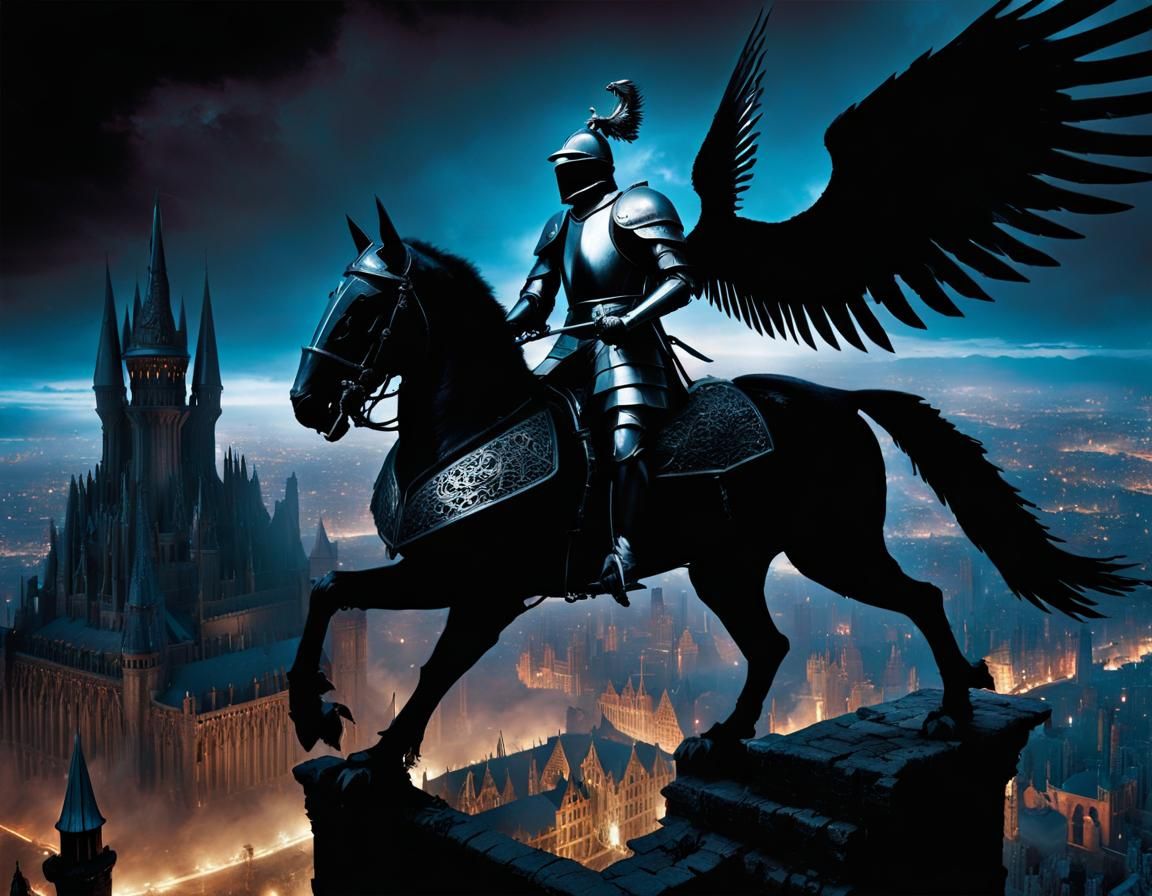 a medieval knight riding a cybernetic winged griffin
