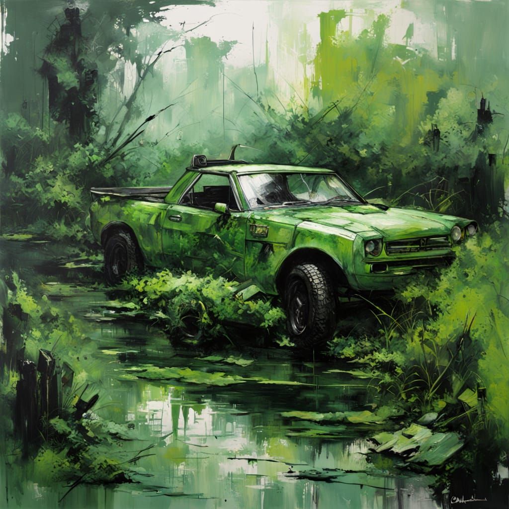 Monochromatic Postapocalyptic Swamp Scene in Green Oils