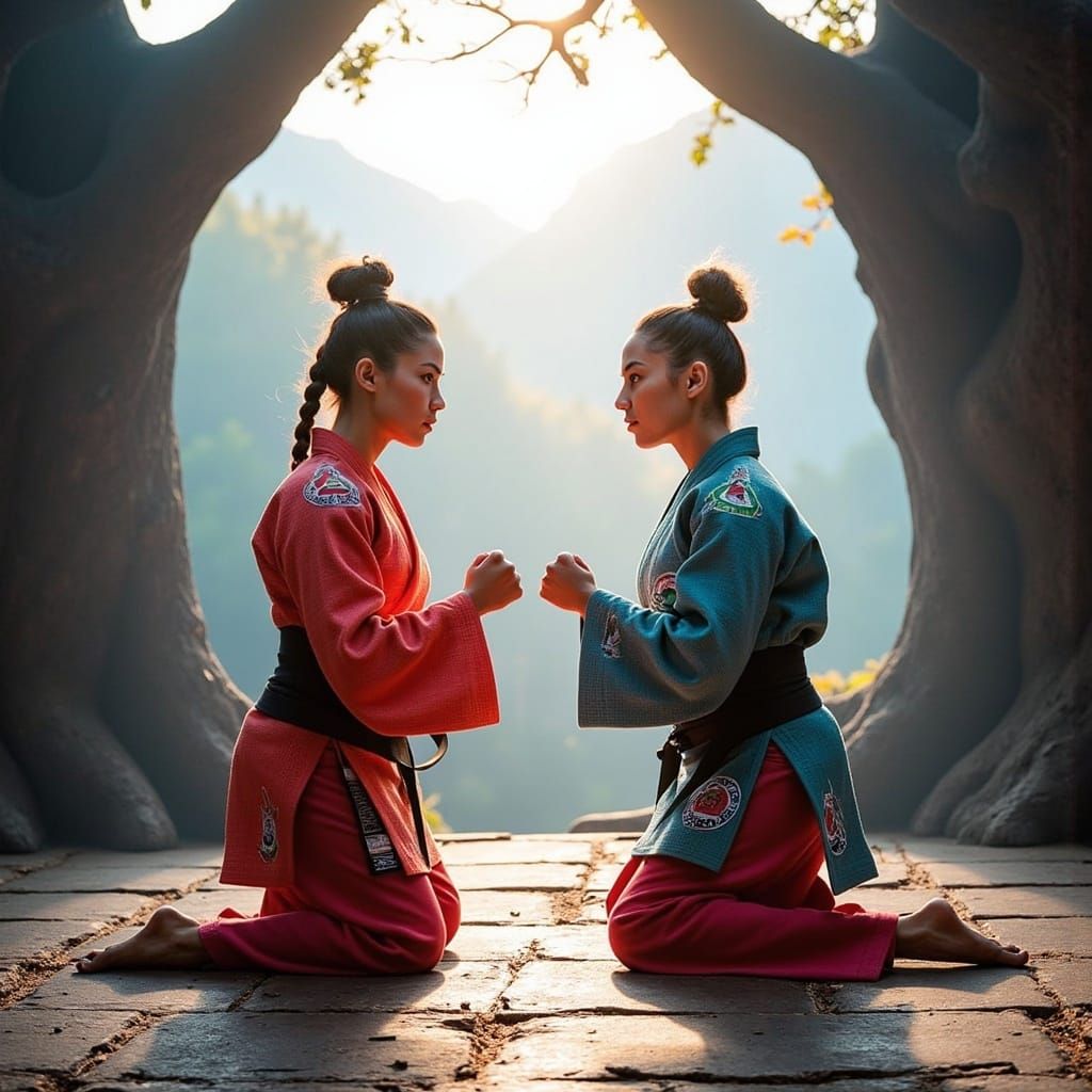 Fantasy Martial Arts Duel in a Dreamlike Arena