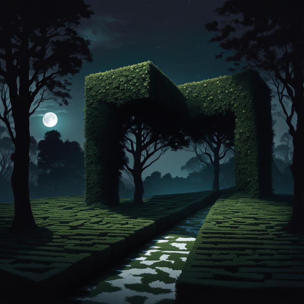 A gigantic natural puzzle, giant hedges, dark ominous vibe, night time, moonlight, eerie vibes
