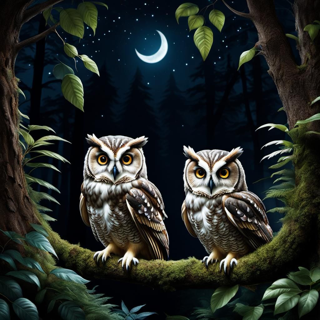 Hyperrealistic Night Owls in Dark Fairy Forest