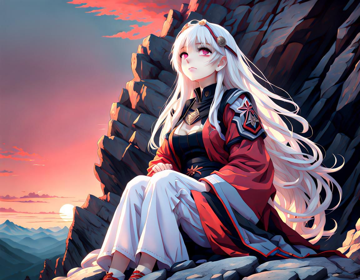 Anime Woman on Mountain at Sunrise