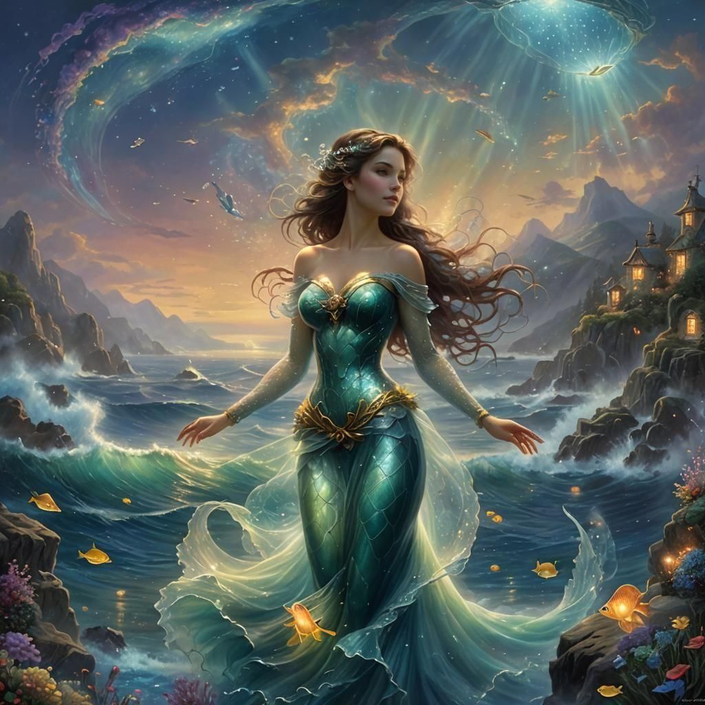 Bioluminescent Mermaid in Pearlescent Sea: Ethereal Fantasy