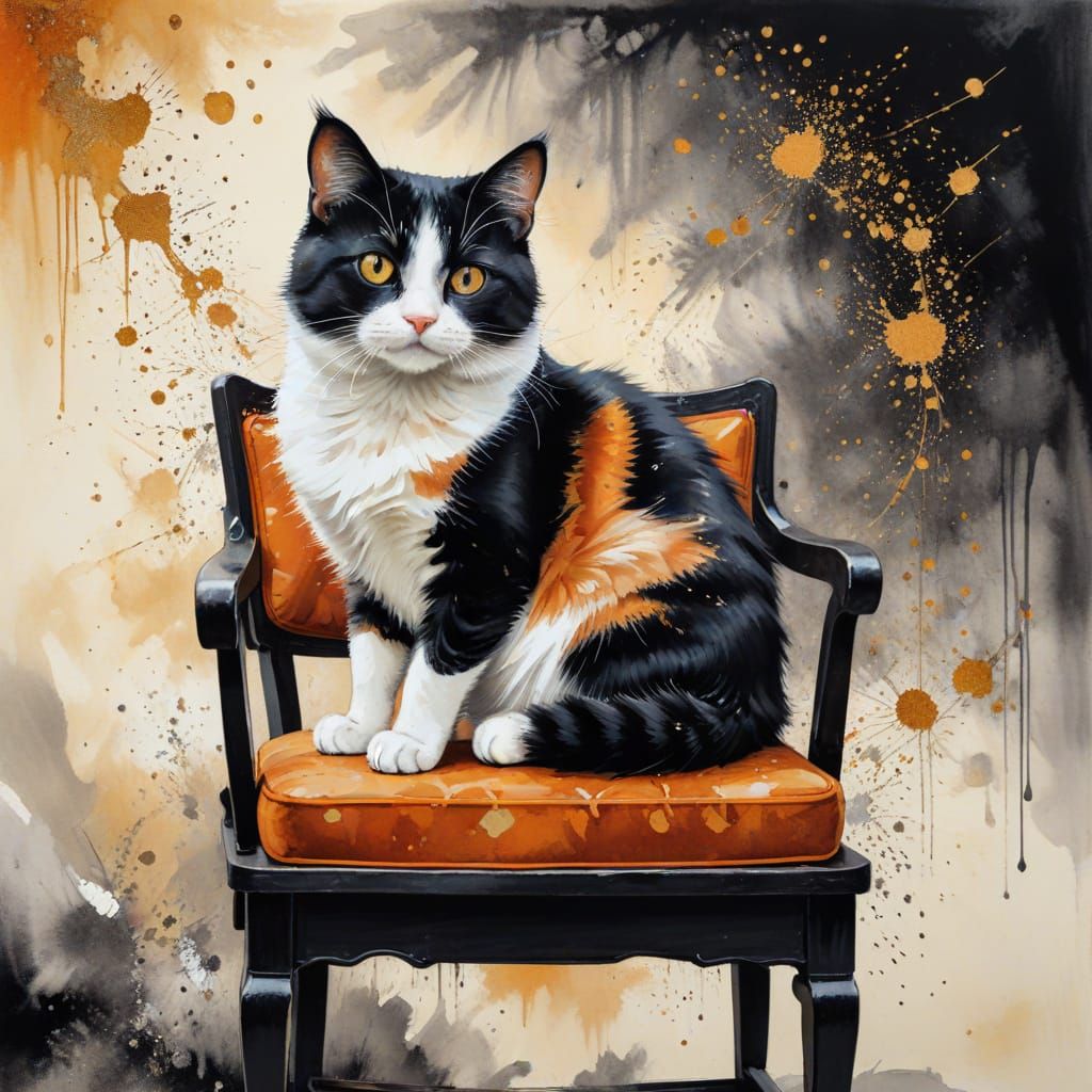 Calico Cat in Chinese Ink Painting Style