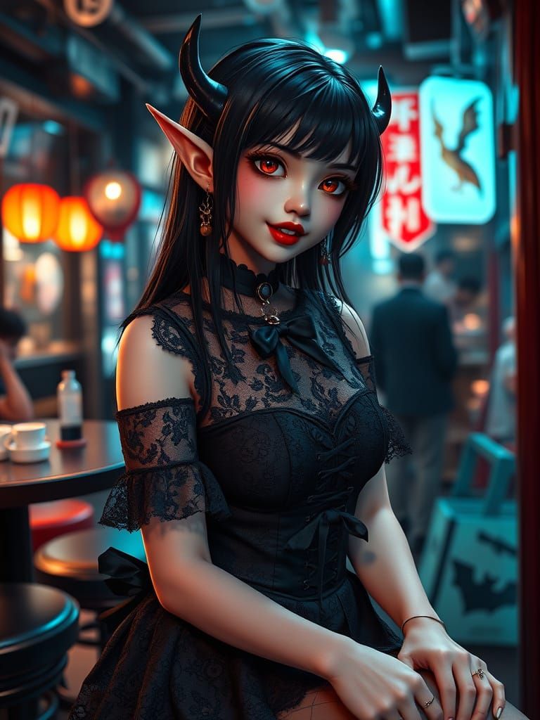 Gothic Vampire Hostess in Hyperrealistic Style