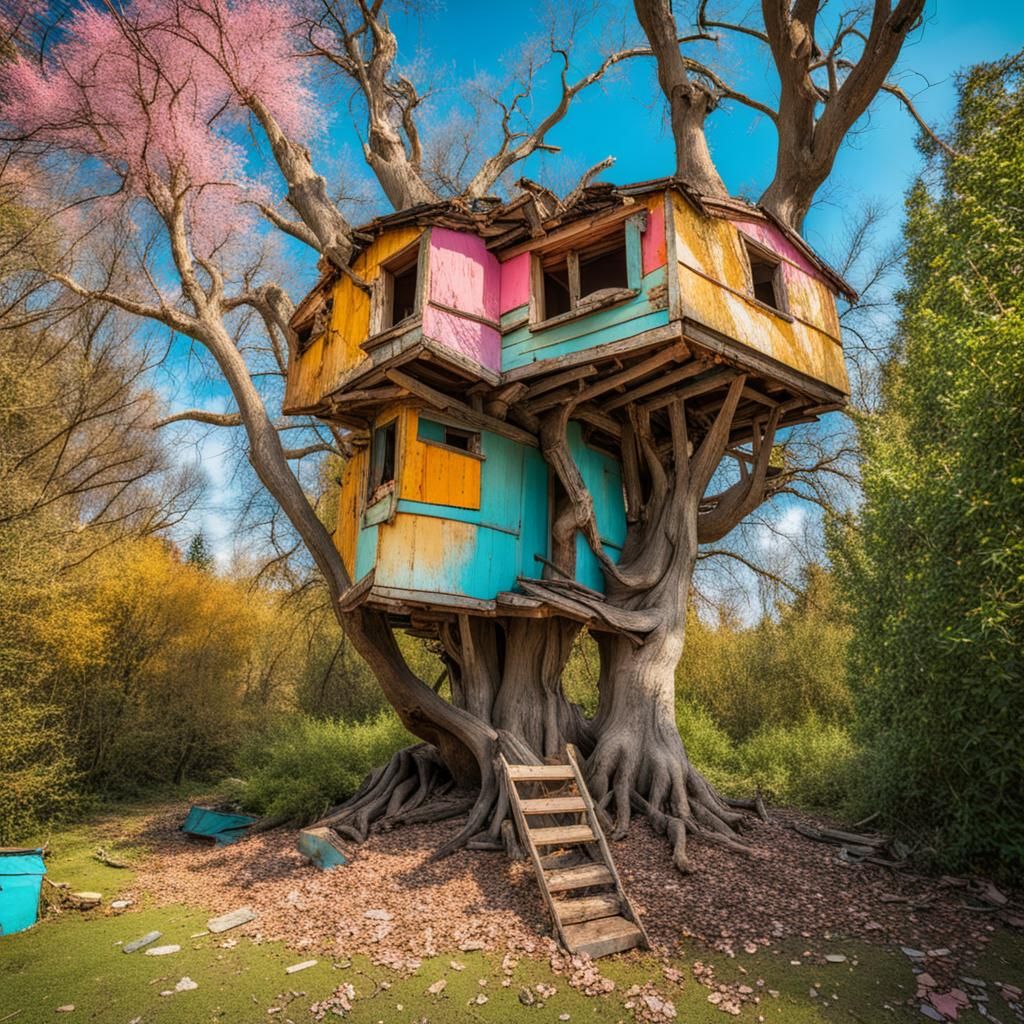 Abandoned Treehouse in Forgotten Garden on Sunny Day
