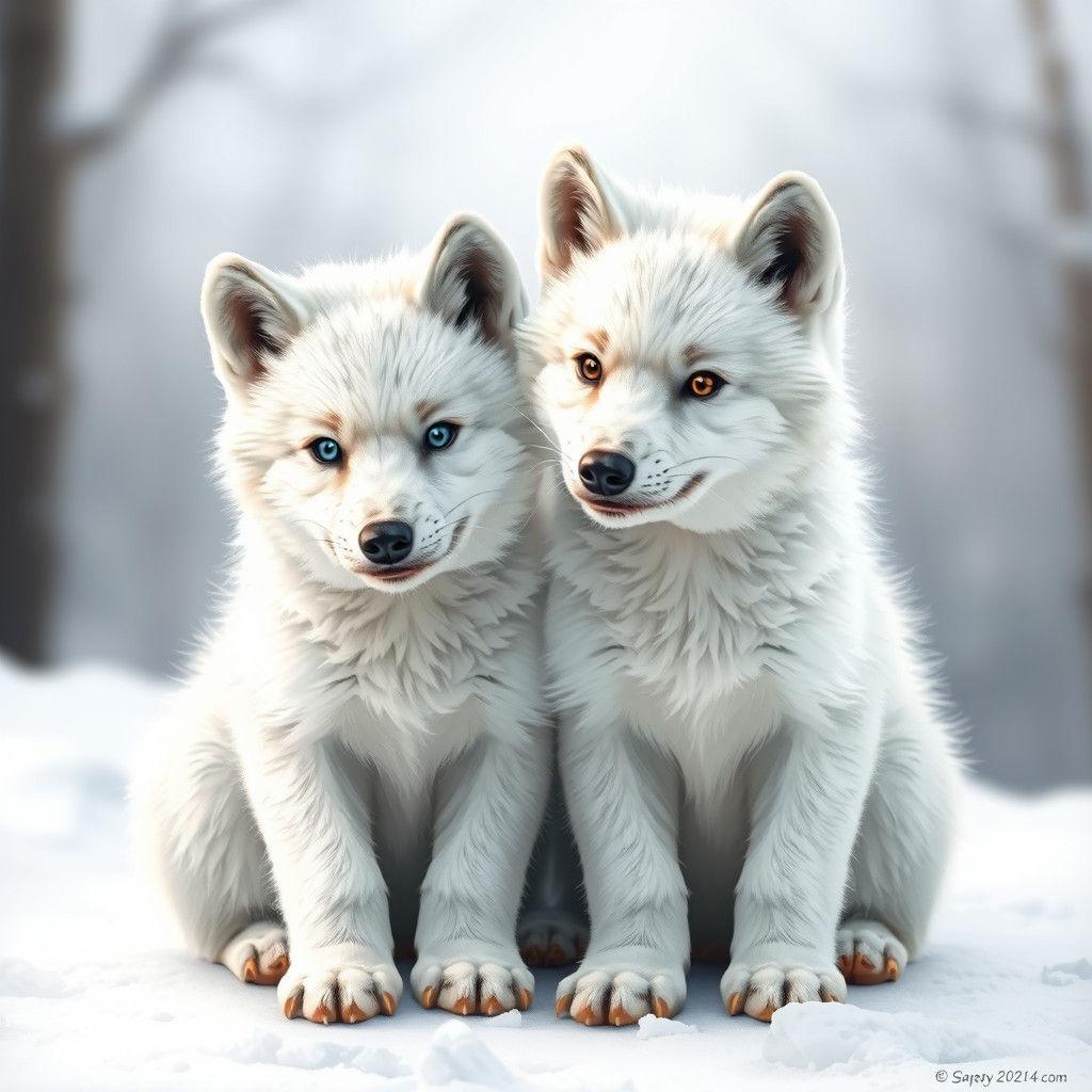 Realistic White Wolf Cubs in Snow
