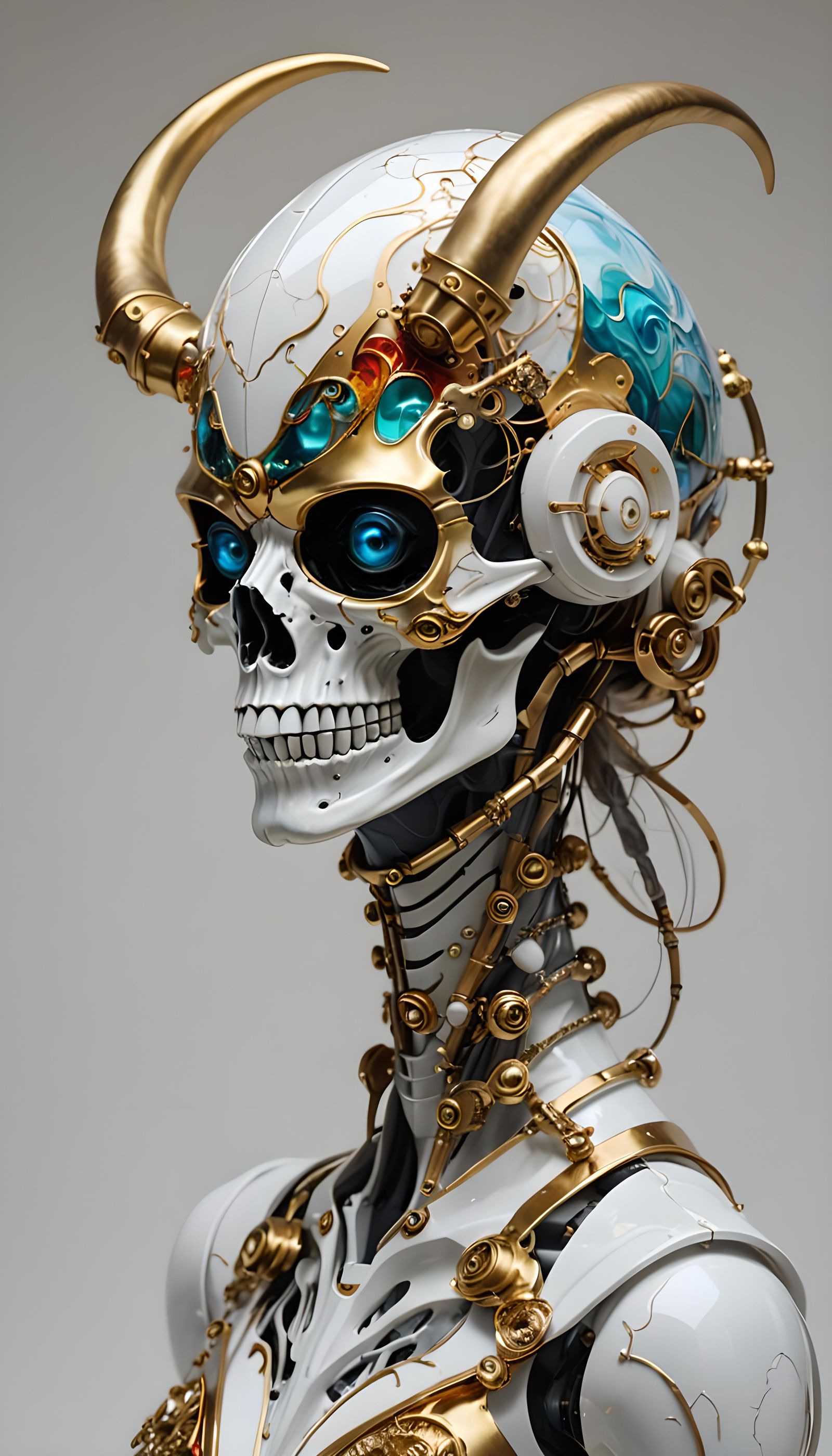 Highly detailed female cyborg, white porcelain and Gold