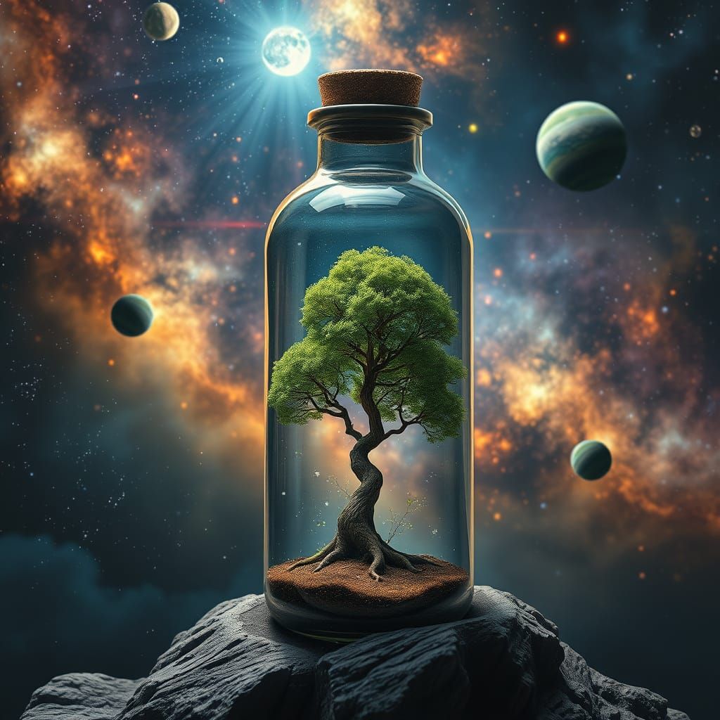 Surreal Fantasy Tree Floats in Cosmic Vessel