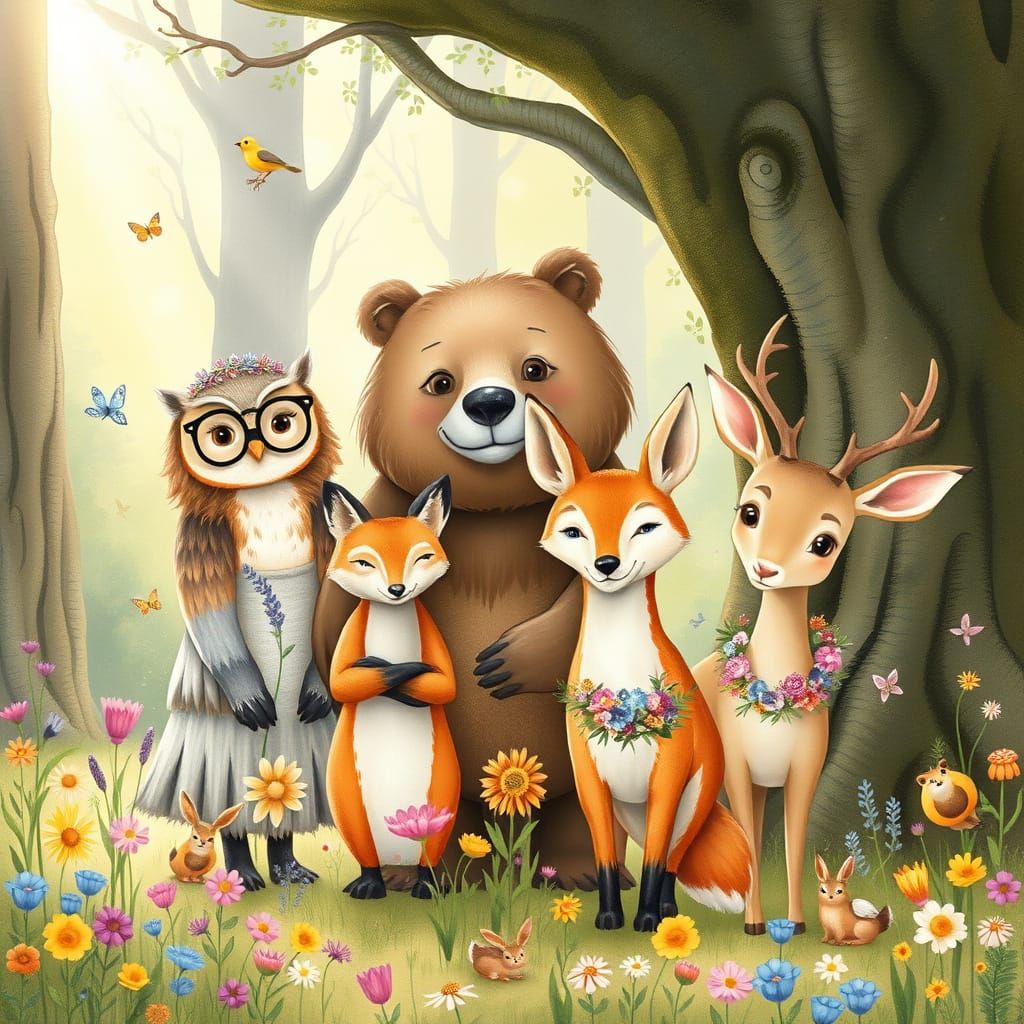 Whimsical Woodland Family Portrait in Watercolor Style