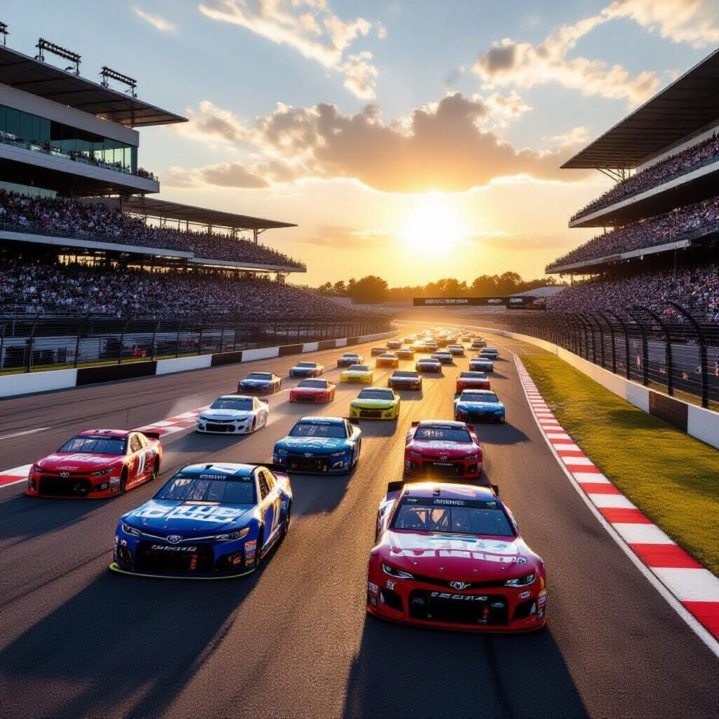 NASCAR Racers at Dawn in Photorealistic Style