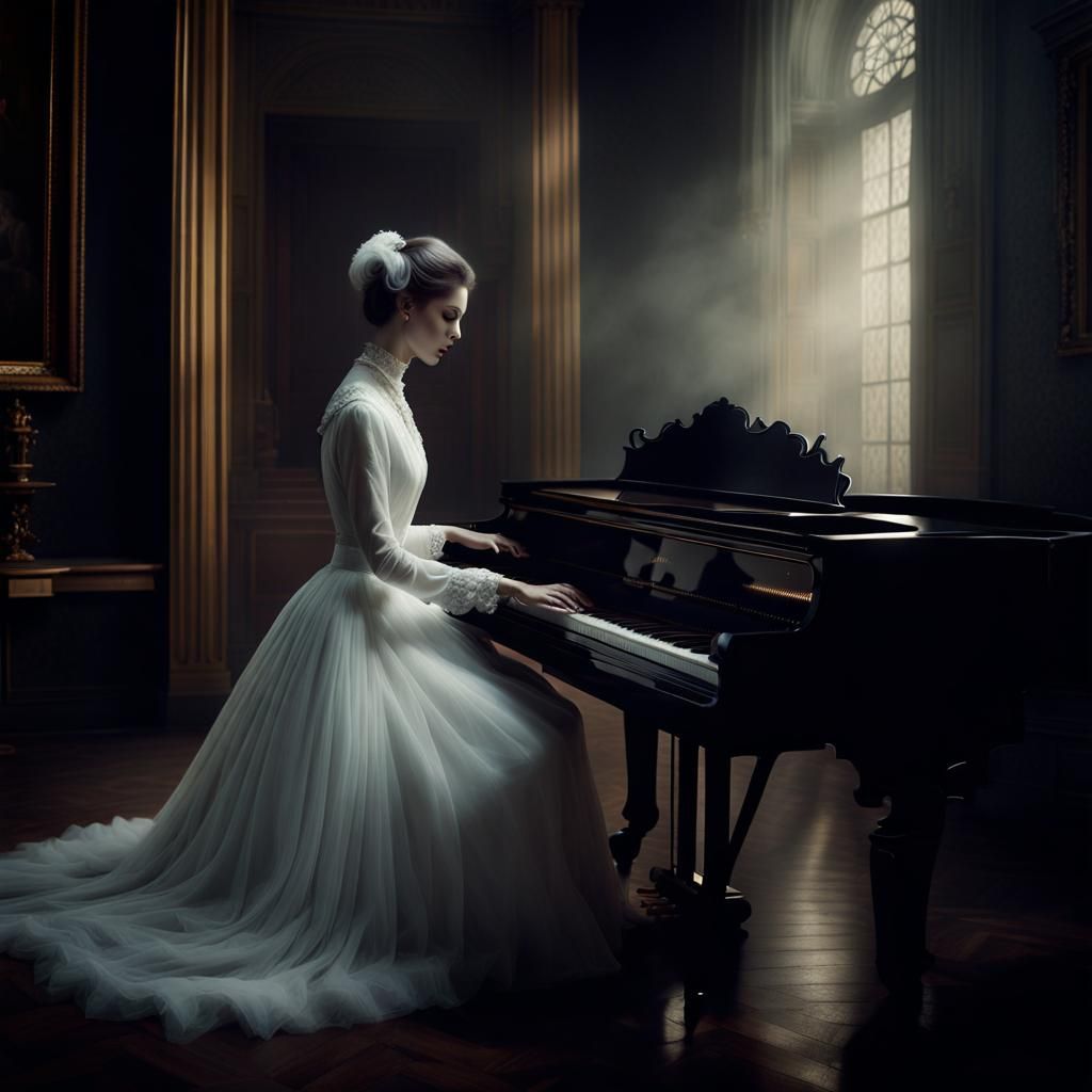 4 pictures (1): Theme: In a haunted house, this lonely ghost lady, who was once a famous musician, now plays the piano f...