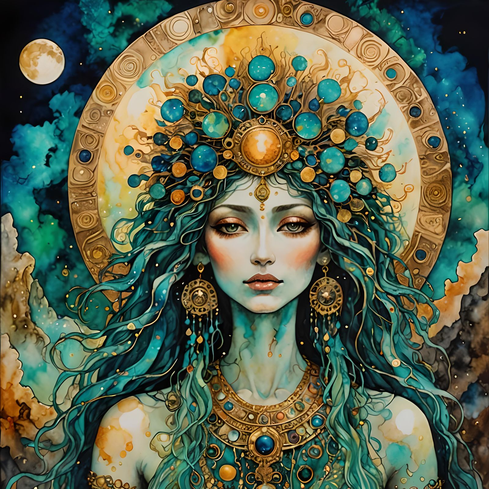 Luminous Moon Deity in Klimt-Fini Style